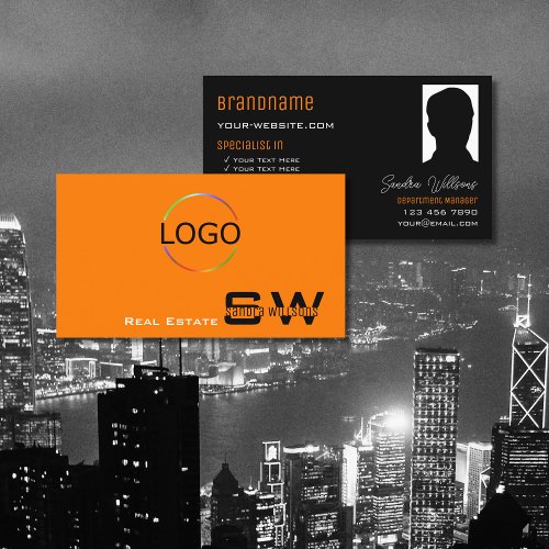 Stylish Orange Black with Monogram Logo and Photo Business Card