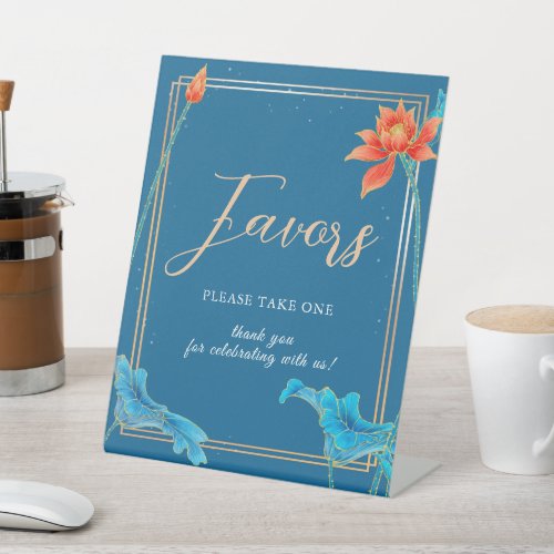 Stylish Orange  Blue Wedding Floral Lotus  Pedestal Sign