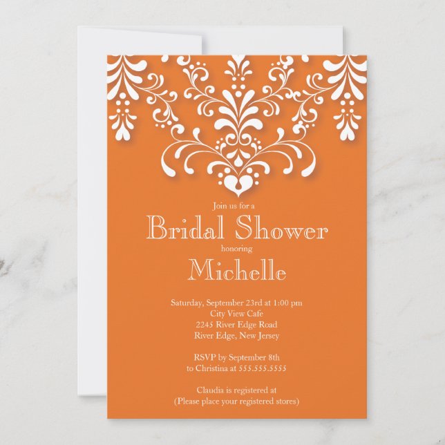 Stylish Orange Damask Bridal Shower Invitation (Front)