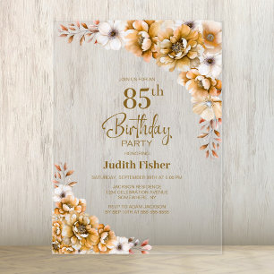 Stylish Orange Floral 85th Birthday Party Acrylic Invitations