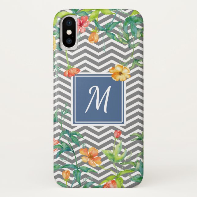 Stylish Orange Floral Chevron Chic Blue Monogram Case-Mate iPhone Case (Back)