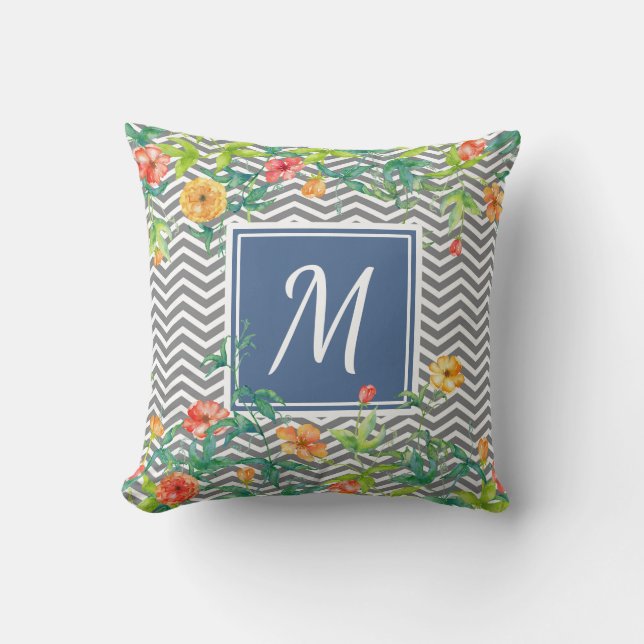 Stylish Orange Floral Chevron Chic Blue Monogram Throw Pillow (Front)