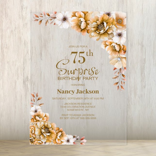 Stylish Orange Floral Surprise 75th Birthday Party Acrylic Invitations (Creator Uploaded)