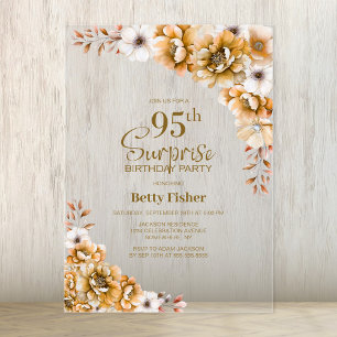 Stylish Orange Floral Surprise 95th Birthday Party Acrylic Invitations