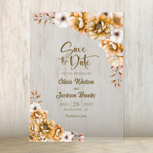 Stylish Orange Floral Wedding Save the Date Acrylic Invitations
