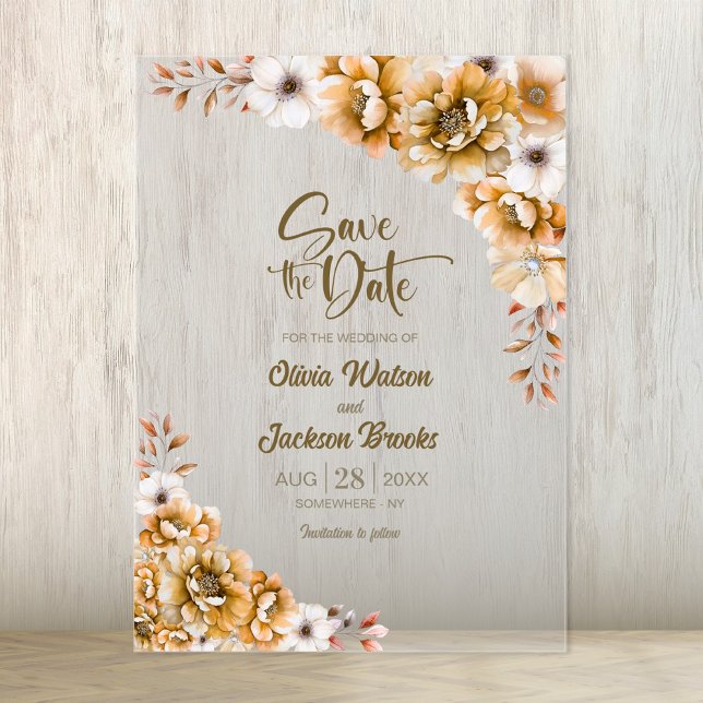 Stylish Orange Floral Wedding Save the Date Acrylic Invitations (Creator Uploaded)