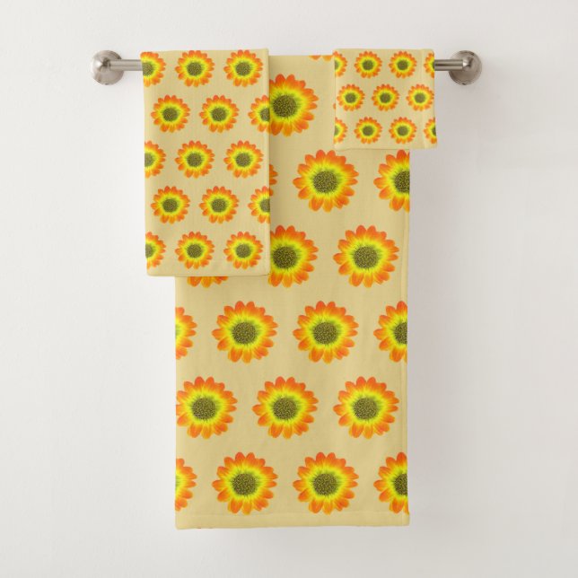Stylish Orange Flowers on Light Beige Bath Towel Set (Insitu)