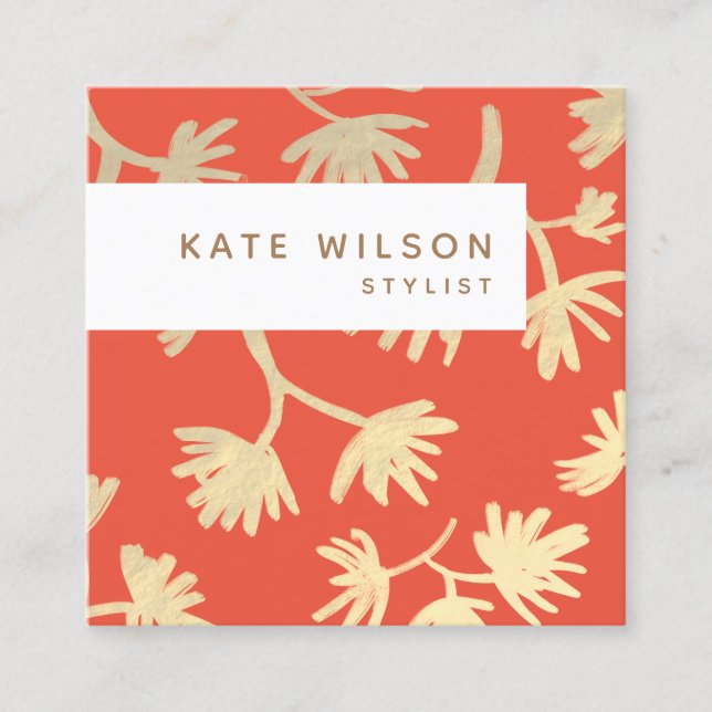 Stylish Orange Gold  Floral Pattern Square Business Card (Front)