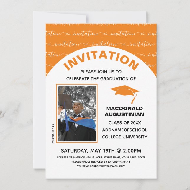 Stylish Orange Graduate Photo Invitation (Front)