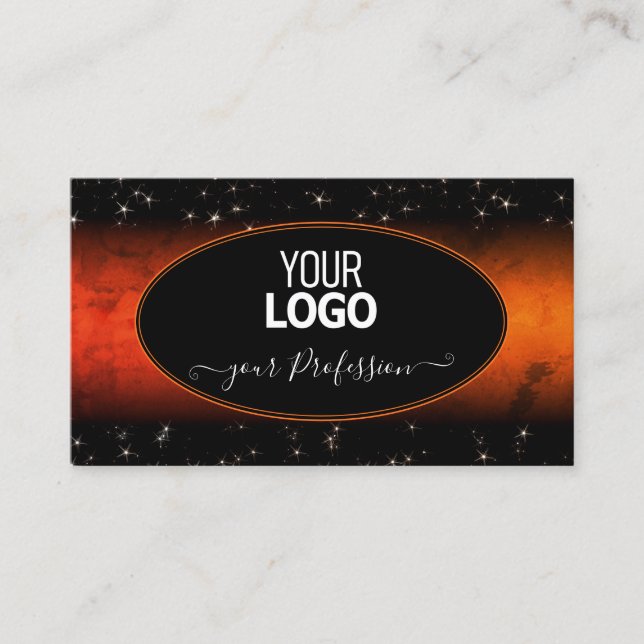 Stylish Orange Marble Black Glitter Stars Add Logo Business Card (Front)