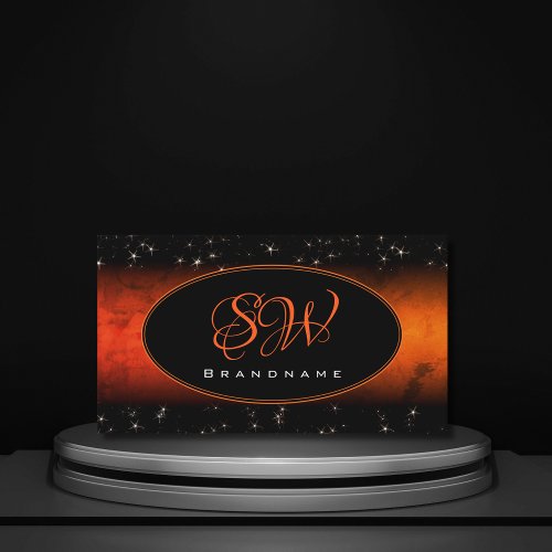 Stylish Orange Marble Black Glitter Stars Initials Business Card