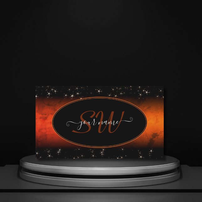 Stylish Orange Marble Black Glitter Stars Monogram Business Card (Creator Uploaded)