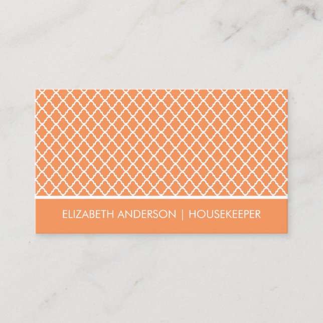 Stylish Orange Quatrefoil Housekeeping Services Business Card (Front)