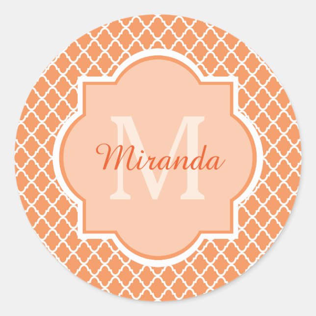 Stylish Orange Quatrefoil Monogram With Name Classic Round Sticker (Front)