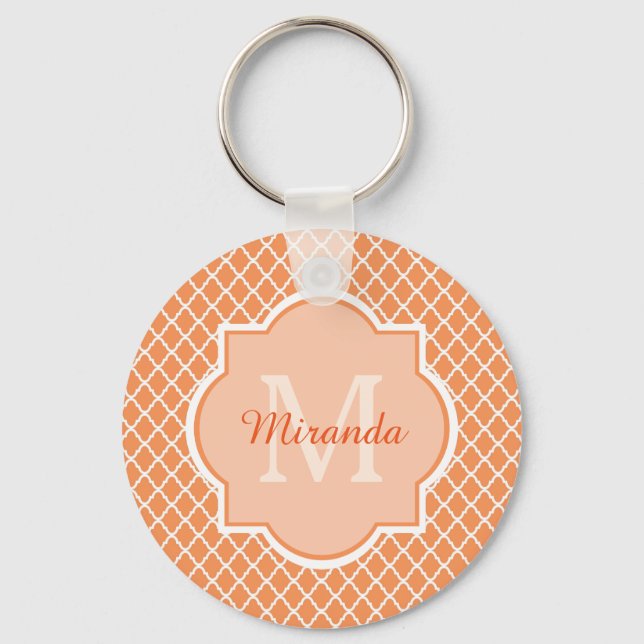 Stylish Orange Quatrefoil Monogram With Name Keychain (Front)