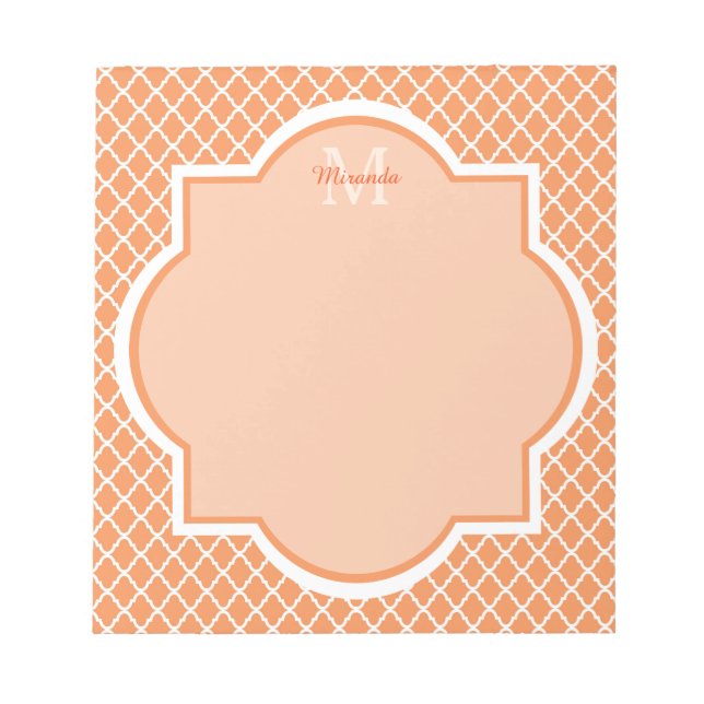 Stylish Orange Quatrefoil Monogram With Name Notepad (Front)