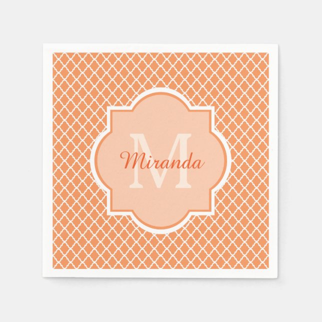 Stylish Orange Quatrefoil Monogram With Name Paper Napkins (Front)