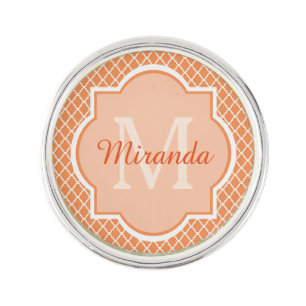 Stylish Orange Quatrefoil Monogram With Name Pin