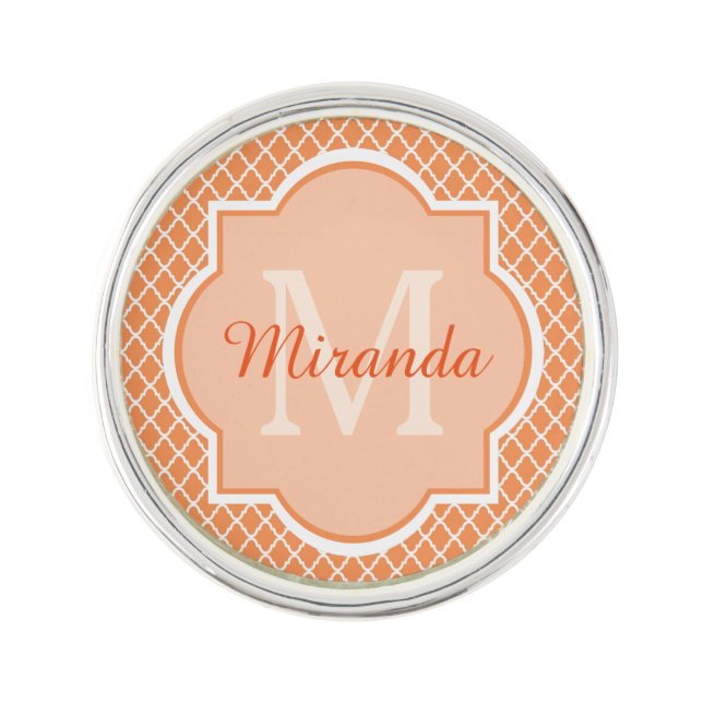 Stylish Orange Quatrefoil Monogram With Name Pin (Front)