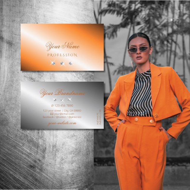 Stylish Orange Silver Sparkling Diamonds Elegant Business Card (Creator Uploaded)