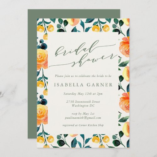 Stylish Orange Watercolor Floral Art Bridal Shower Invitation