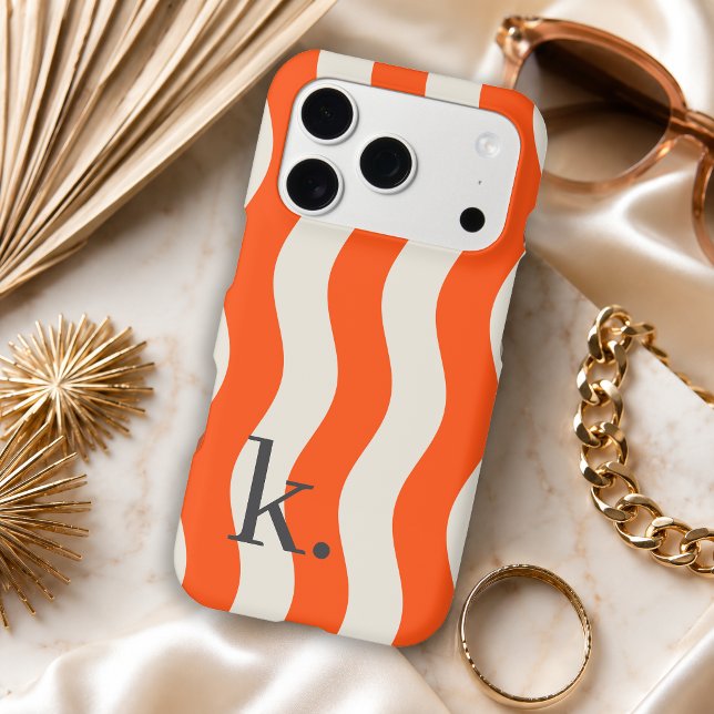 Stylish Orange Wavy Stripes with Monogram iPhone Case (Creator Uploaded)
