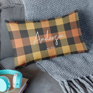 Stylish Orange Yellow Black Fall Color Plaid Lumbar Pillow