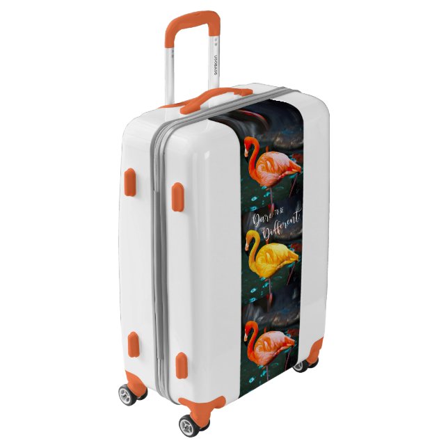 Stylish Orange Yellow Flamingos Photo Dare Quote Luggage (Rotated Left)
