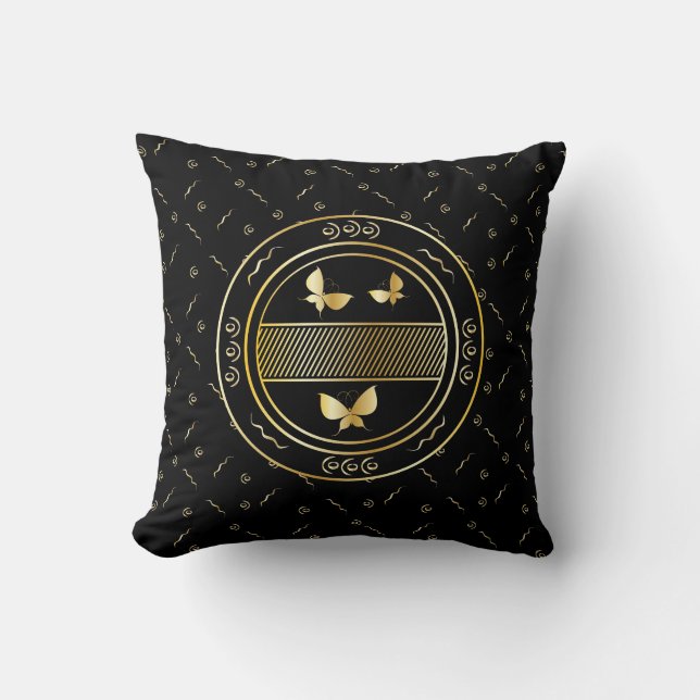 Stylish Oriental Golden Butterflies Throw Pillow (Front)