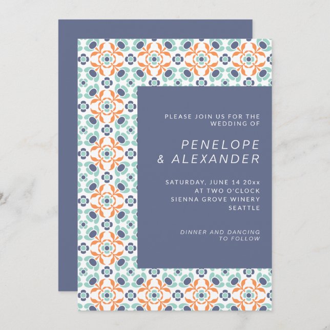 Stylish Ornate Geometric Pattern in Blue Wedding Invitation (Front/Back)