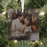 Stylish Our First Christmas as Mr & Mrs Photo Glass Ornament<br><div class="desc">Simple couple's photo first Christmas as Mr. & Mrs. photo glass ornament. A modern design with a full photo design. Customize with your special photo, year, and name. "Mr & Mrs" photo overlay in an elegant typography. Perfect keepsake ornament with couples celebrating their first Christmas together as a married couple....</div>
