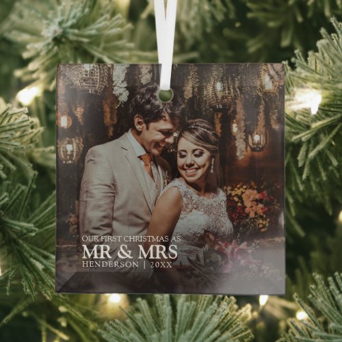 Stylish Our First Christmas as Mr  Mrs Photo Glass Ornament