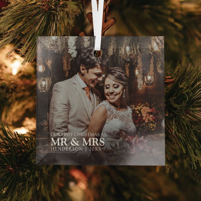 Stylish Our First Christmas as Mr & Mrs Photo Glass Ornament (Creator Uploaded)