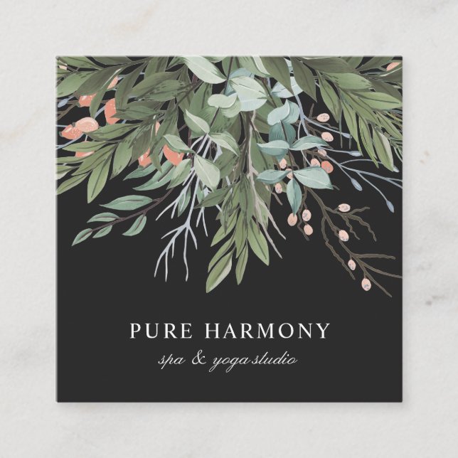 Stylish Painted Floral Boughs | Black Square Business Card (Front)