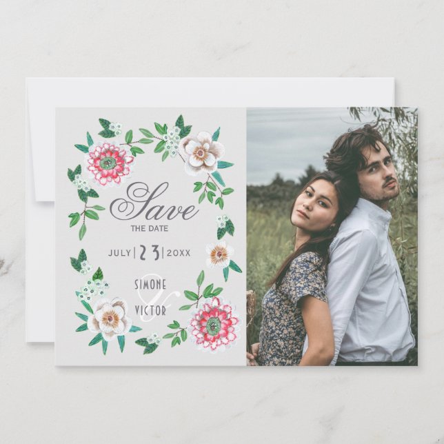 Stylish painted flower save the date (Front)