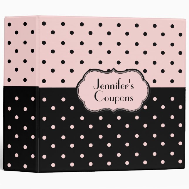 Stylish Pale Pink & Black Polka Dot Custom Binder (Front/Spine)