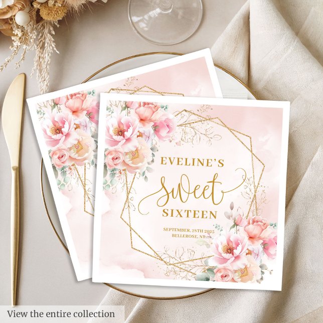 Stylish pale pink gold flowers sweet sixteen  napkins (Stylish pale pink gold flowers sweet sixteen napkins

)