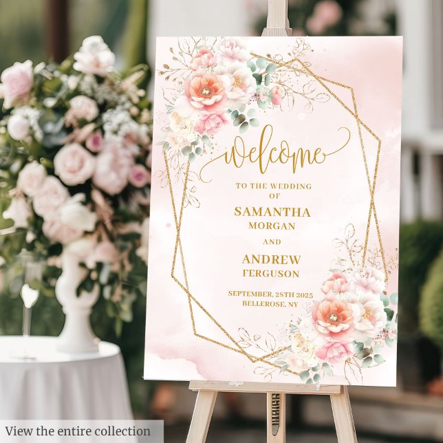 Stylish Pale Pink Gold Glitter Floral Wedding Sign (Stylish Pale Pink Gold Glitter Floral Wedding Sign)