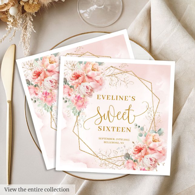 Stylish Pale Pink Sage and Gold Floral Sweet 16 Napkins (Stylish Pale Pink Sage and Gold Floral Sweet Sixteen Napkins)