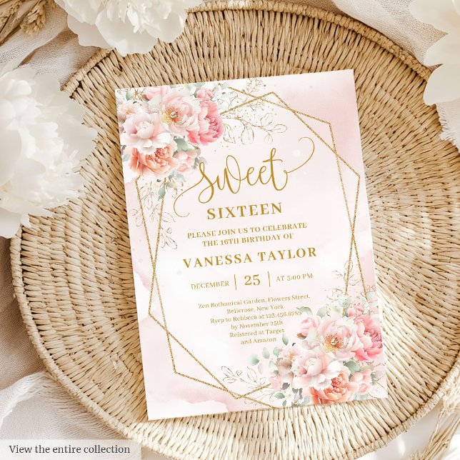 Stylish Pale Pink Sage Gold Floral Sweet 16 Invite (Stylish Pale Pink Sage Gold Floral Sweet 16 Invite)