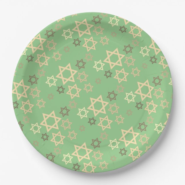 Stylish Passover Spring Green Stars of David Paper Plates (Front)