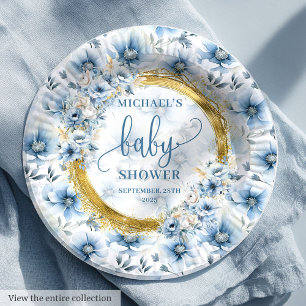 Stylish pastel blue flowers gold boho shower party paper plates