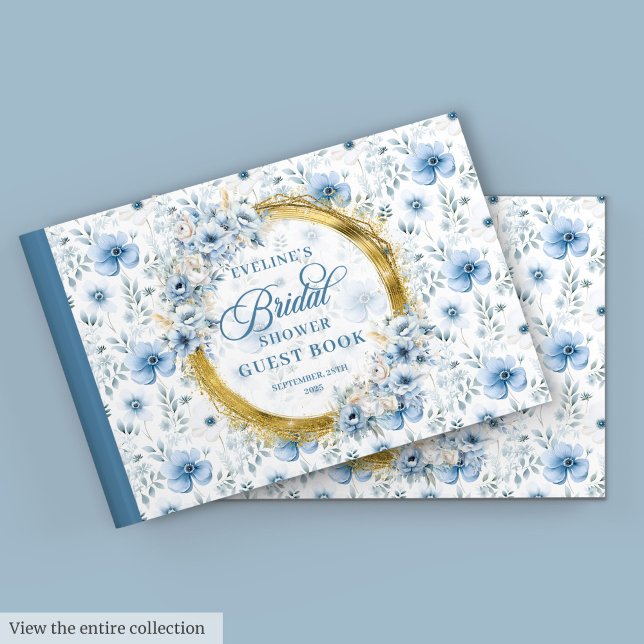 Stylish Pastel Blue Gold Flowers Bridal Shower  Guest Book (Stylish Pastel Blue Gold Flowers Bridal Shower Guest Book)