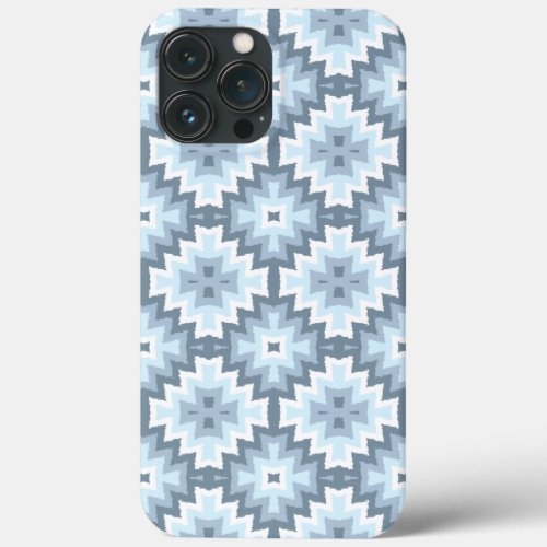 Stylish Pastel Blue Gray White Ikat Tribal Pattern iPhone 13 Pro Max Case