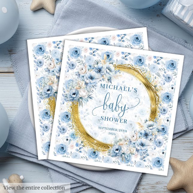 Stylish pastel blue roses gold boy baby shower paper dinner napkins (Stylish pastel blue roses gold boy baby shower Paper Dinner Napkins )