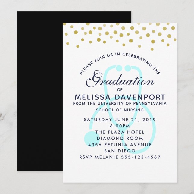 Stylish Pastel Blue Stethoscope Nursing Graduate Invitation (Front/Back)