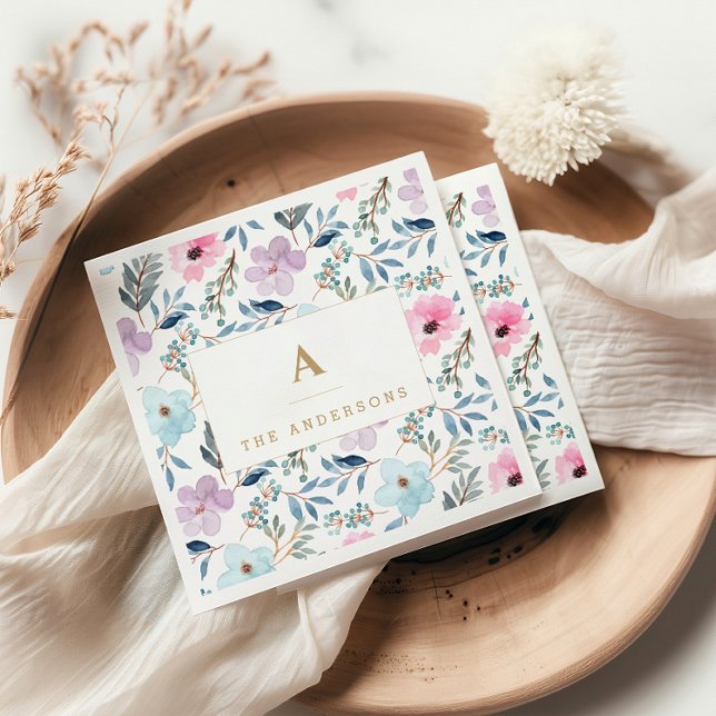 Stylish Pastel Blue Watercolor Flowers Monogram  Napkins (Creator Uploaded)