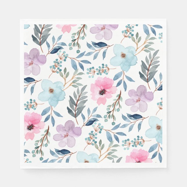 Stylish Pastel Blue Watercolor Flowers  Napkins (Front)