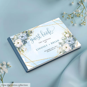 Stylish Pastel Blue White Gold Peonies Guest Book