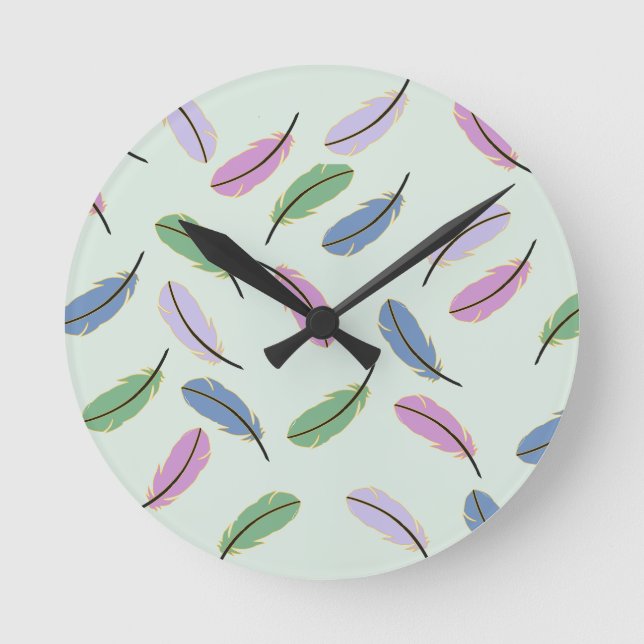 Stylish Pastel Feathers Pattern Round Clock (Front)